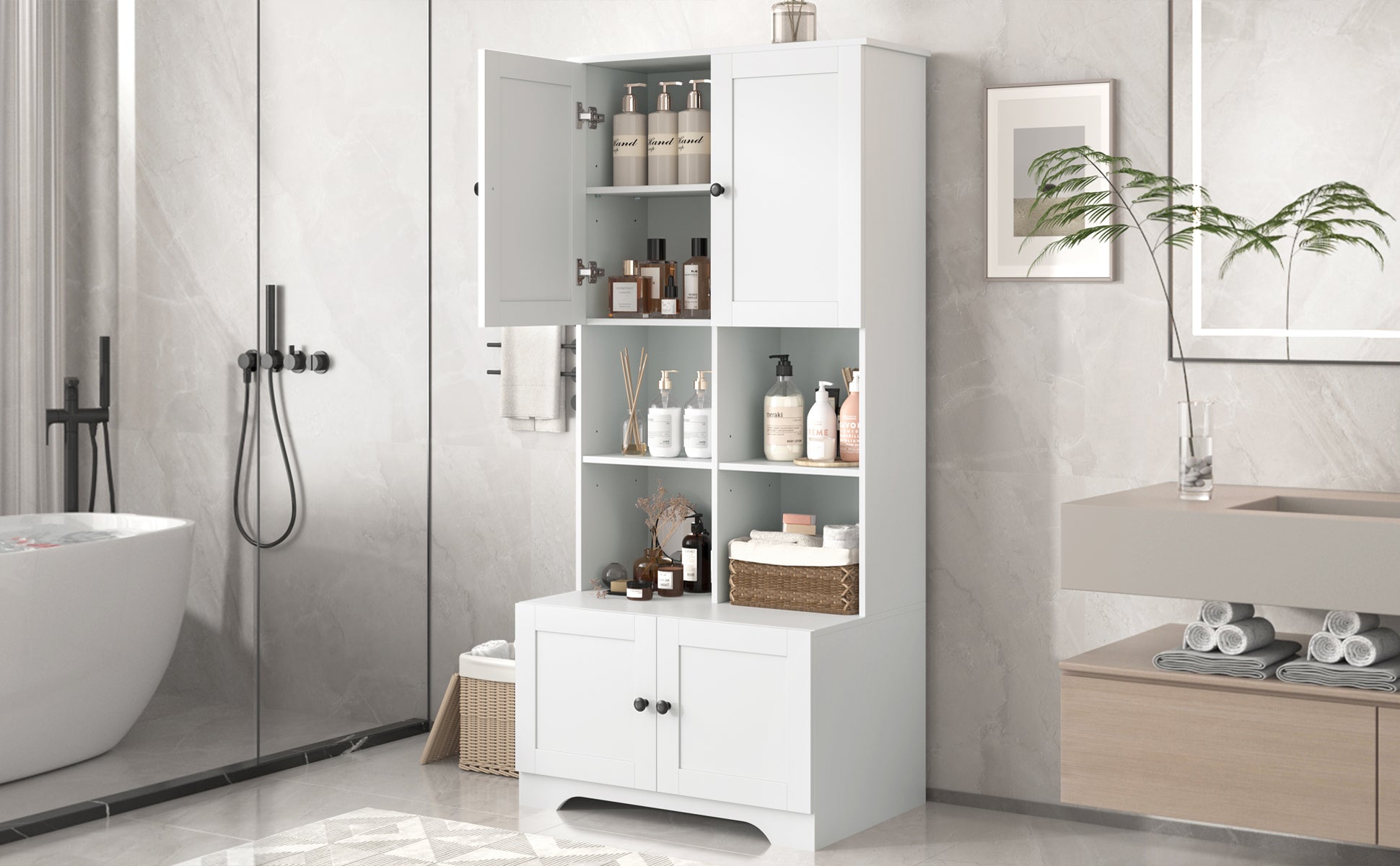 Bathroom storage cabinet, 4-door independent cabinet, adjustable shelf, open multi-layer shelf, white - American Smart