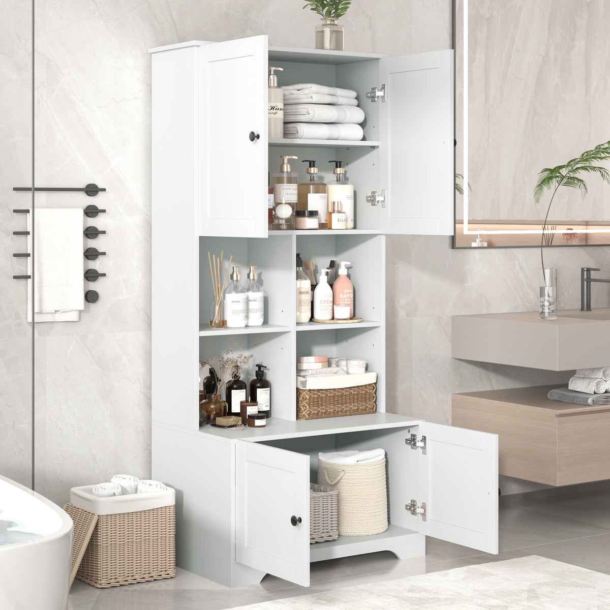 Bathroom storage cabinet, 4-door independent cabinet, adjustable shelf, open multi-layer shelf, white - American Smart