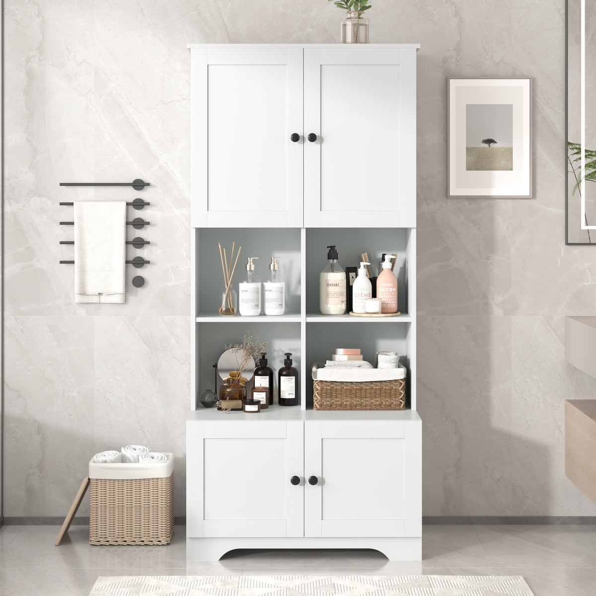 Bathroom storage cabinet, 4-door independent cabinet, adjustable shelf, open multi-layer shelf, white - American Smart