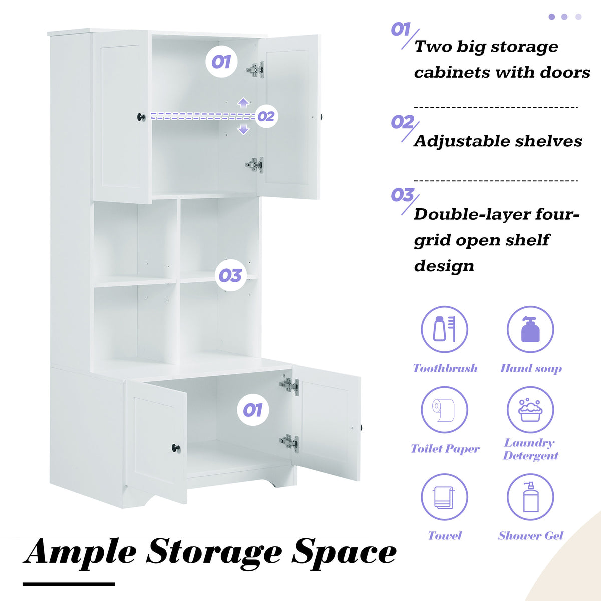Bathroom storage cabinet, 4-door independent cabinet, adjustable shelf, open multi-layer shelf, white - American Smart