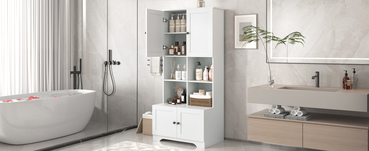 Bathroom storage cabinet, 4-door independent cabinet, adjustable shelf, open multi-layer shelf, white - American Smart