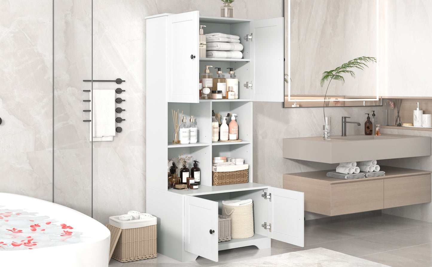 Bathroom storage cabinet, 4-door independent cabinet, adjustable shelf, open multi-layer shelf, white - American Smart