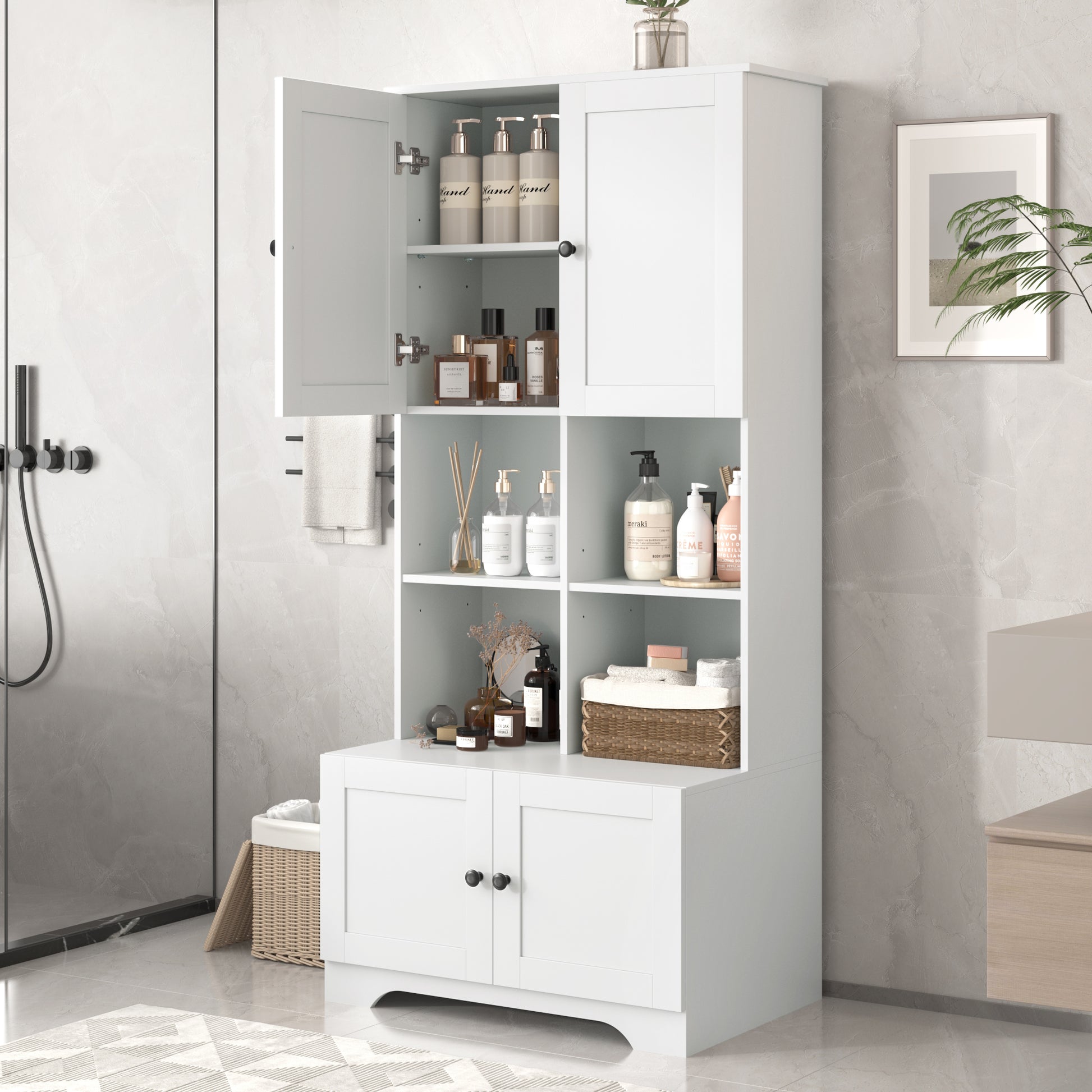 Bathroom storage cabinet, 4-door independent cabinet, adjustable shelf, open multi-layer shelf, white - American Smart