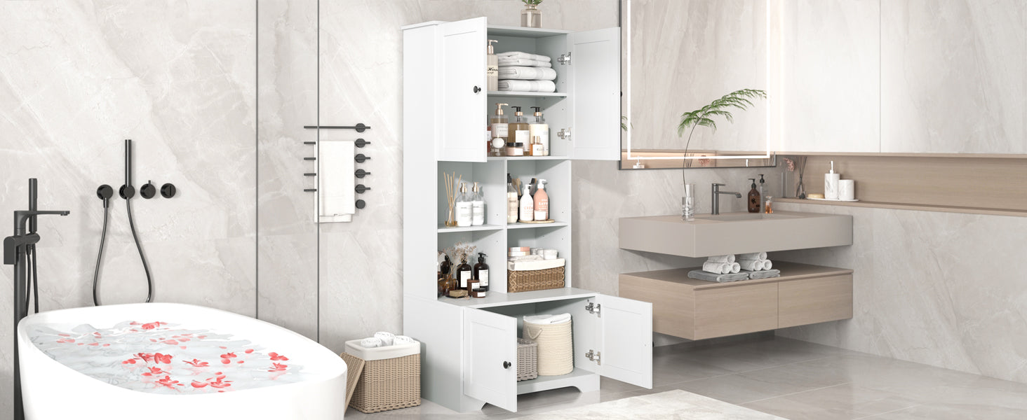 Bathroom storage cabinet, 4-door independent cabinet, adjustable shelf, open multi-layer shelf, white - American Smart