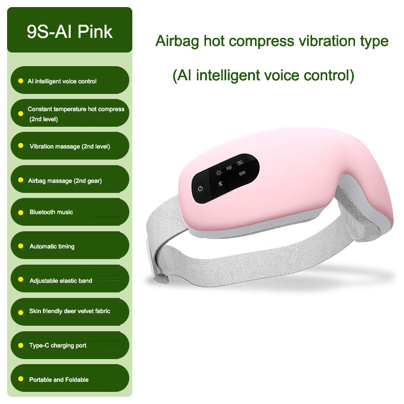 eprolo eye massager with airbag, vibration, AI voice control, and hot compress for eye relaxation and protection.