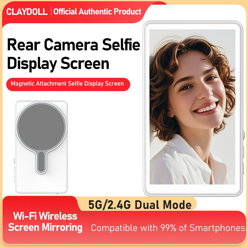 Wireless screen mirroring device by eprolo for selfie, live streaming, and rear camera functionality, shown connected to a smartphone.
