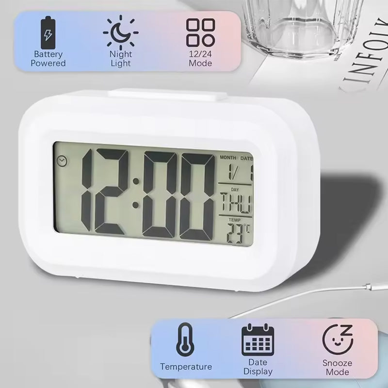 eprolo digital LED alarm clock with display, placed on bedside table, battery-powered, multi-functional home decor for bedroom.