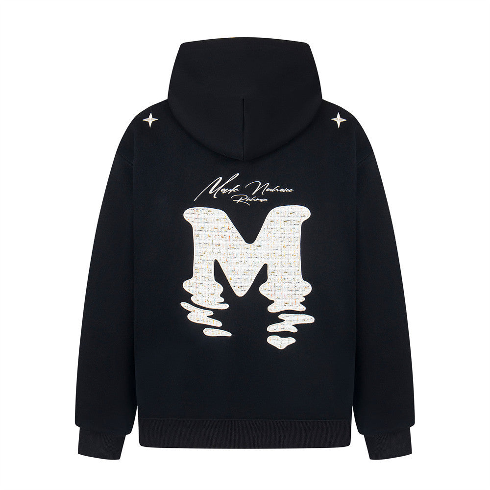 Embroidered hooded sweatshirt with colorful alphabet patches, featuring a front pocket and adjustable drawstrings.