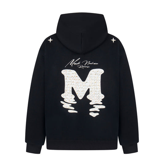 Embroidered hooded sweatshirt with colorful alphabet patches, featuring a front pocket and adjustable drawstrings.