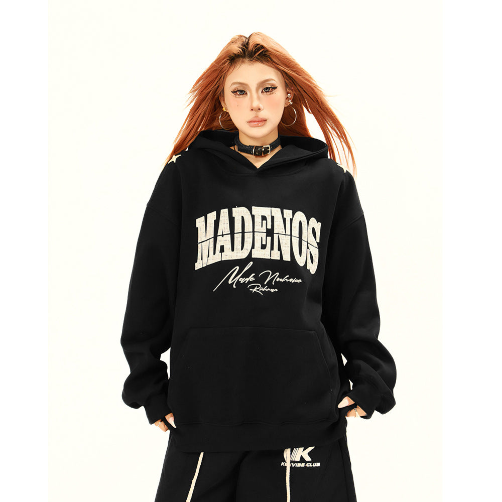 Embroidered hooded sweatshirt with colorful alphabet patches, featuring a front pouch pocket and adjustable drawstrings.