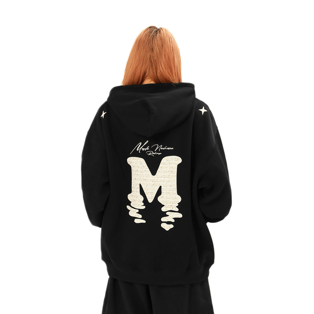 Embroidered hooded sweatshirt with colorful alphabet patches, casual style, by eprolo, featuring a front hood and cozy fabric.