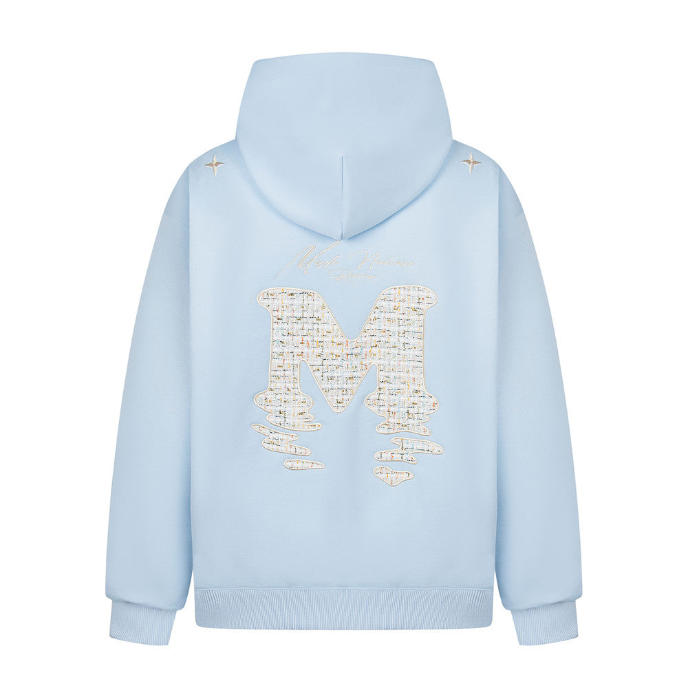 Embroidered hooded sweatshirt by eprolo featuring colorful alphabet patches on the front and a cozy hood design.