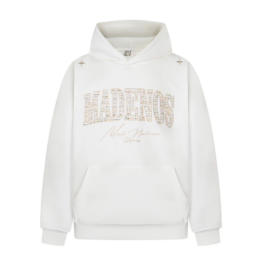 Embroidered hooded sweatshirt with colorful alphabet patches, casual style, by eprolo, featuring a front zipper and drawstring hood.