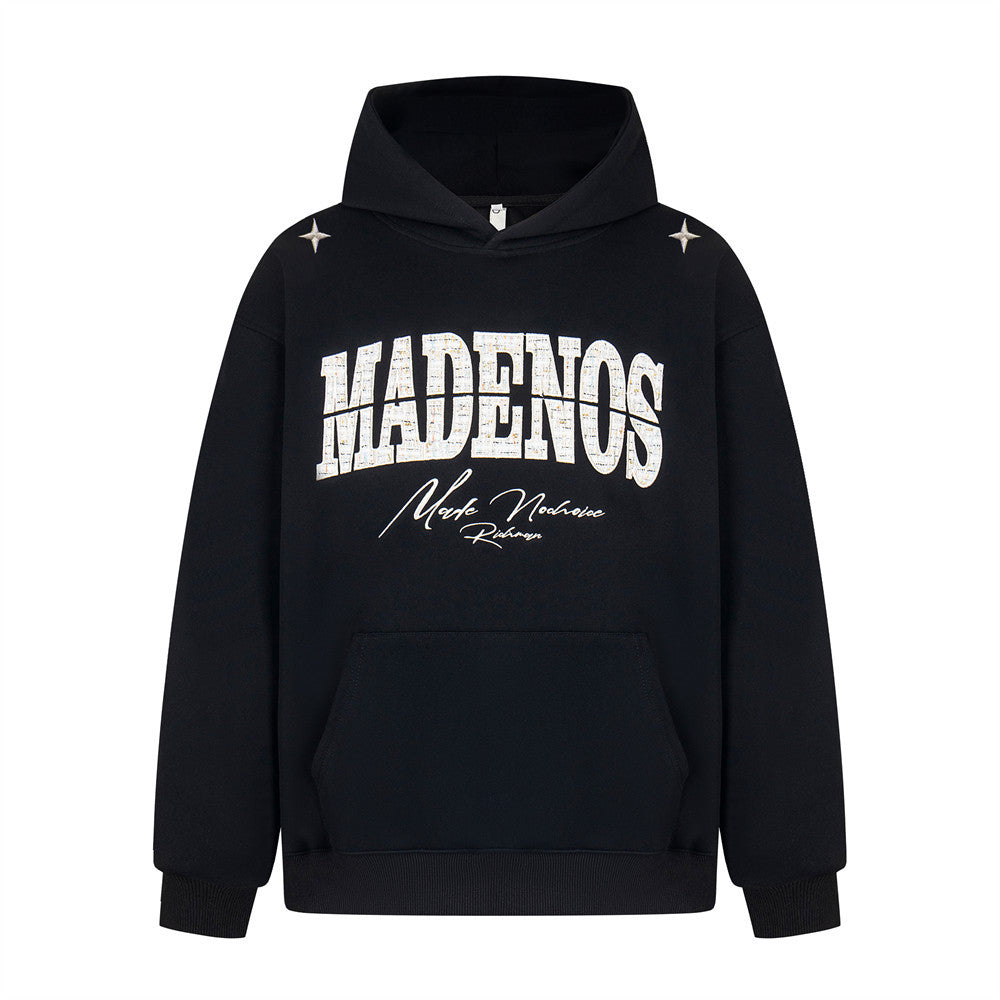 Embroidered alphabet patch hooded sweatshirt in soft fabric by eprolo, featuring colorful letter patches on the front.