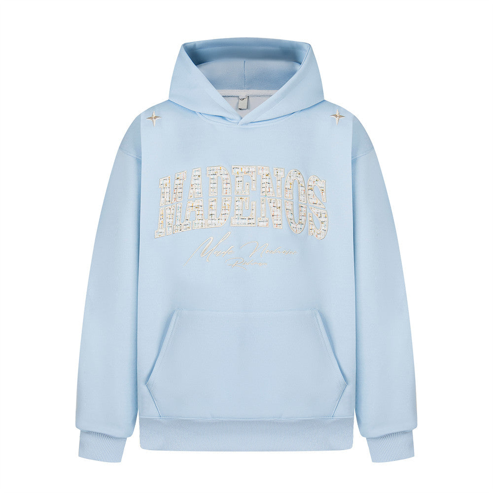 Embroidered alphabet patch hooded sweatshirt by eprolo featuring colorful letter patches on a cozy gray hoodie.
