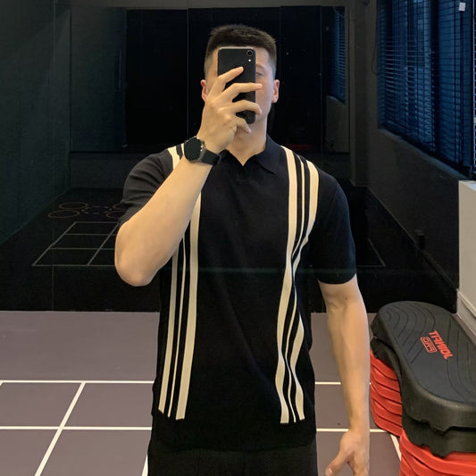 Slim fit men's silk polo shirt with stripes, short sleeve, knitted fabric, from eprolo, stylish and lightweight for casual wear.