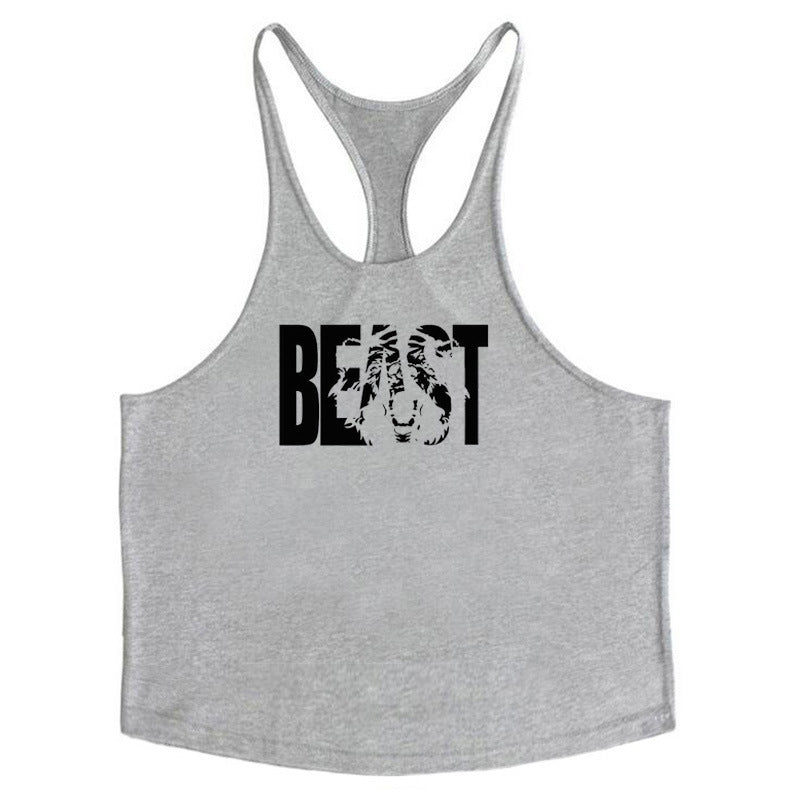 Letter printed men's fitness sports vest with slim shoulder straps, I-shape design, cotton fabric, by eprolo.