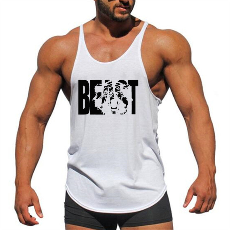 Letter printed men's fitness sports vest with slim shoulder straps, I-shaped design, made of cotton, by eprolo.