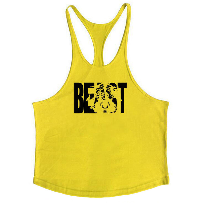 Letter printed men's fitness sports vest with slim shoulder straps, cotton fabric, and I-shape design by eprolo.