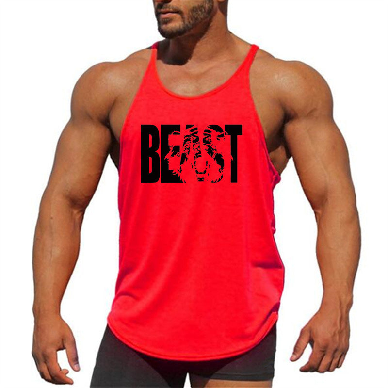 Letter printed men's fitness sports vest with slim shoulder straps, I-shaped design, made of cotton by eprolo.