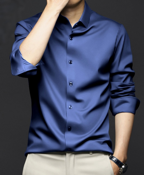 Men's wrinkle-resistant non-iron formal business casual dress shirt in premium ice silk fabric, shown in a light blue color.