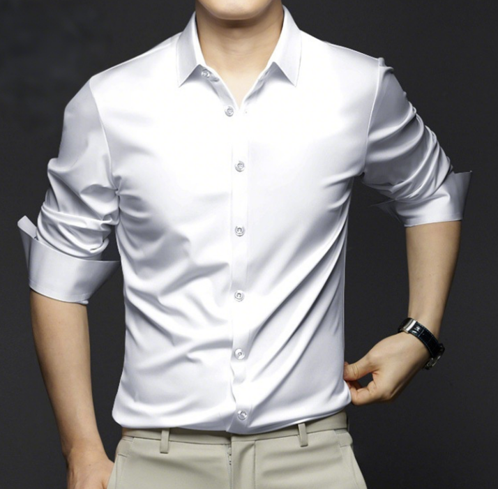 Men's wrinkle-resistant eprolo ice silk dress shirt, formal business casual non-iron shirt with a sleek fit and smooth fabric.