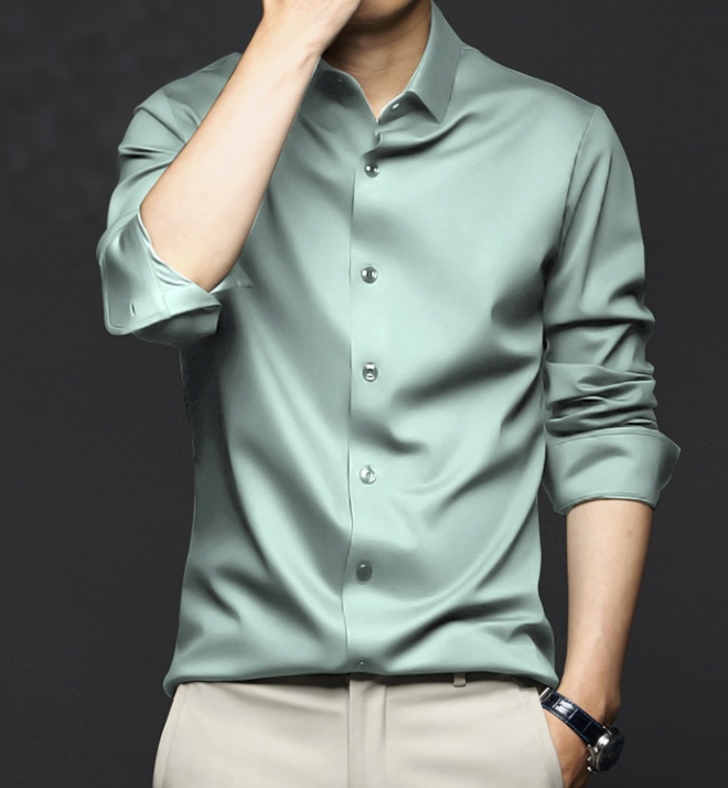 Men's wrinkle-resistant non-iron formal business casual dress shirt in premium ice silk, featuring a classic collar and long sleeves.