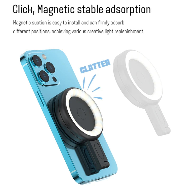 eprolo magnetic LED fill light for phone selfies, featuring adjustable color temperature and built-in battery for iPhone vlogs
