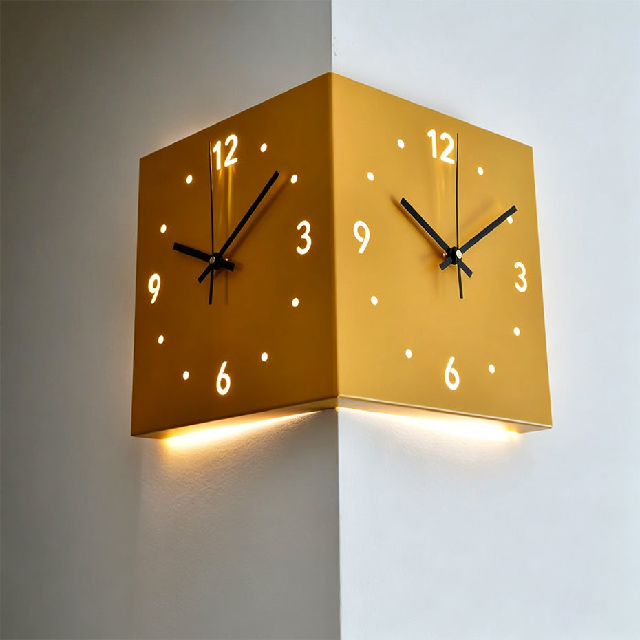 Nordic Dual-Glow Corner Clock by eprolo, silent LED wall clock with modern minimalist design for living room or bedroom decor.