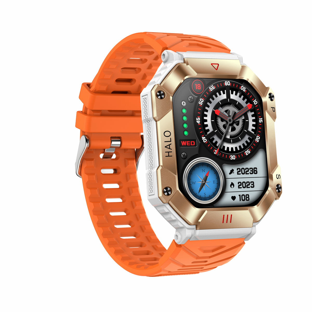 Eprolo KR80 Bluetooth smartwatch with compass, heart rate, blood pressure, and blood oxygen monitoring display on screen.