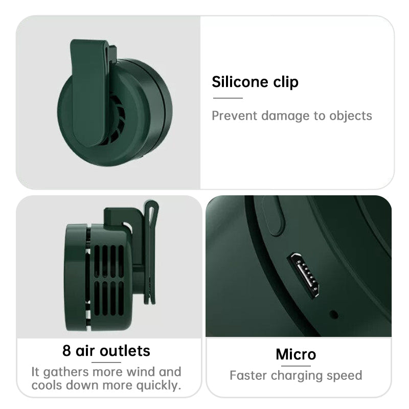 Portable eprolo bladeless neck fan with clip-on design, USB rechargeable belt fan ideal for camping, fishing, hiking, and travel.