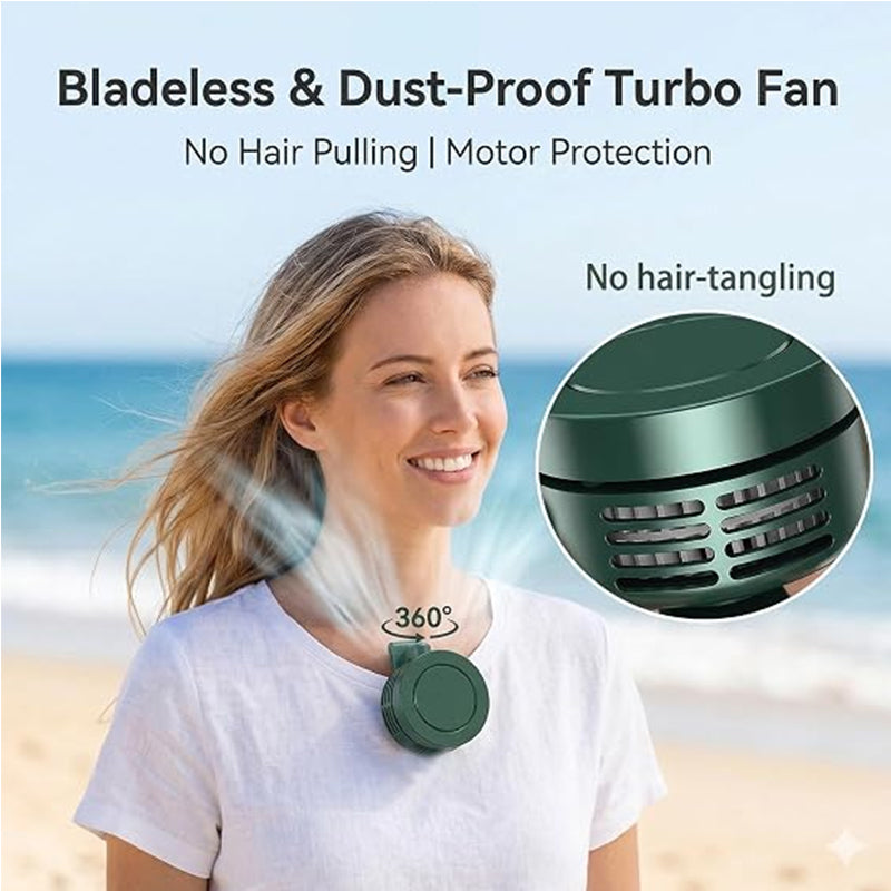 Portable bladeless neck fan by eprolo, USB rechargeable outdoor clip-on fan ideal for camping, fishing, hiking, and travel.