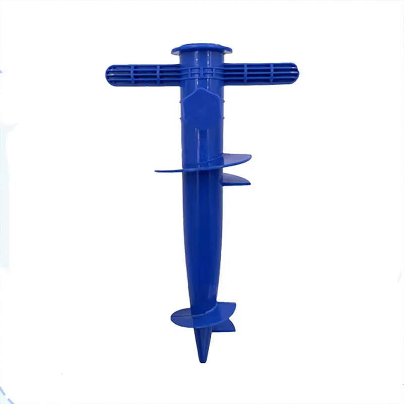 Plastic adjustable umbrella base from eprolo with anchor bracket, spiral tool, and tip for sun, beach, terrace, and ground fixing.