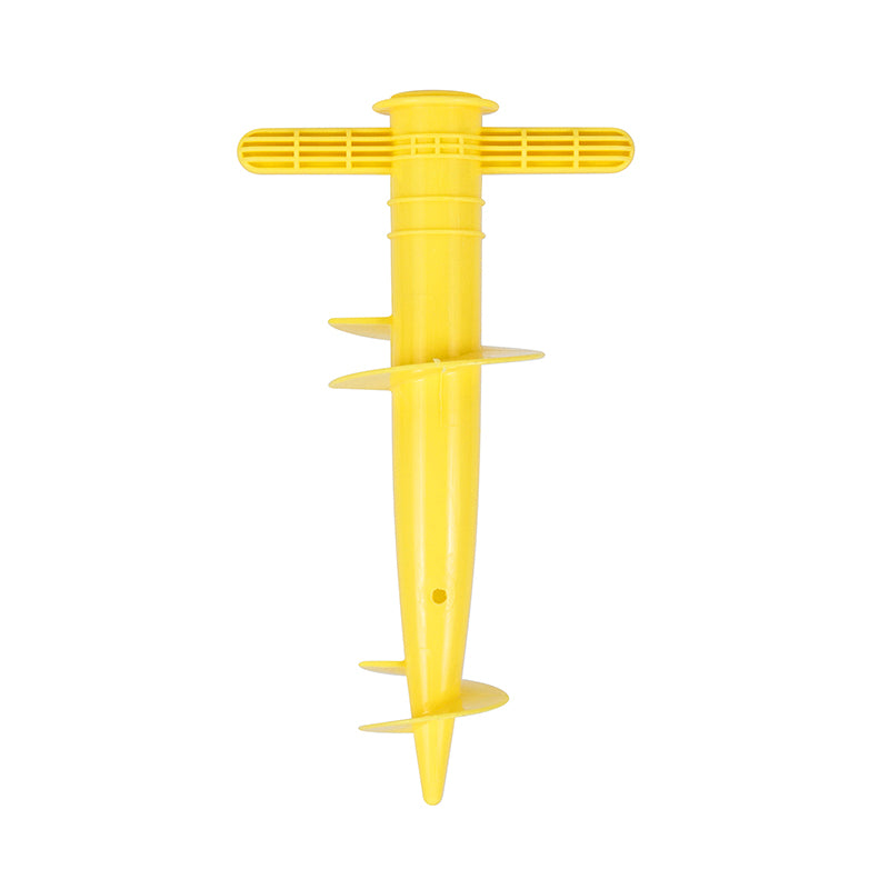 Plastic adjustable umbrella base with anchor bracket and spiral tool for sun, beach, terrace, and ground fixing.