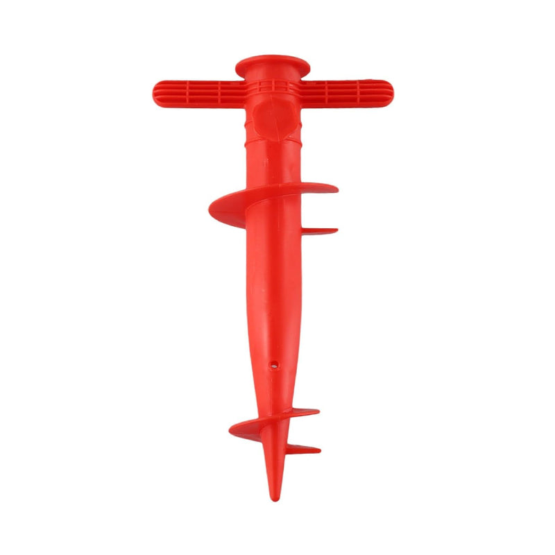 Eprolo plastic adjustable umbrella base with anchor bracket, spiral tool, and tip part for sun, beach, terrace, and ground fixing.
