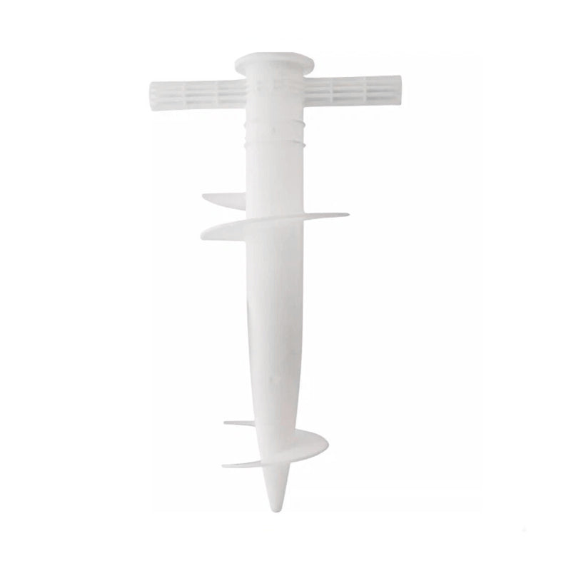 Plastic adjustable umbrella base with anchor bracket and spiral tool for sun, beach, terrace, and ground fixing.