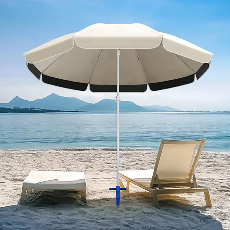 Plastic adjustable umbrella base from eprolo with anchor bracket and spiral tool for sun, beach, terrace, and ground fixing.