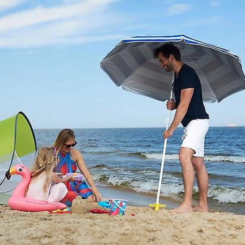 Plastic adjustable umbrella base with anchor bracket, spiral tool, and tip for sun, beach, terrace, and ground fixing.