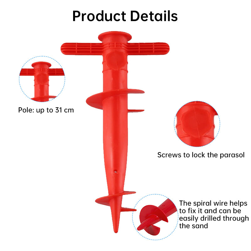Plastic adjustable umbrella base from eprolo with anchor bracket, spiral tool, and tip part for sun, beach, terrace, or sand ground fixing.