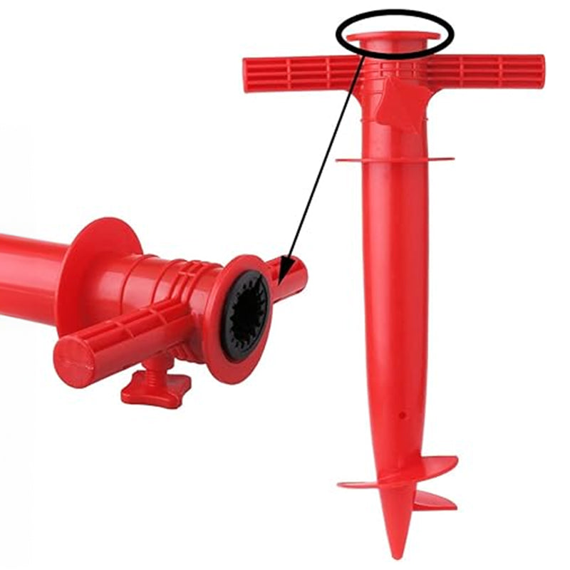 Plastic adjustable umbrella base with anchor and spiral tools, suitable for sun, beach, terrace, and ground fixing.