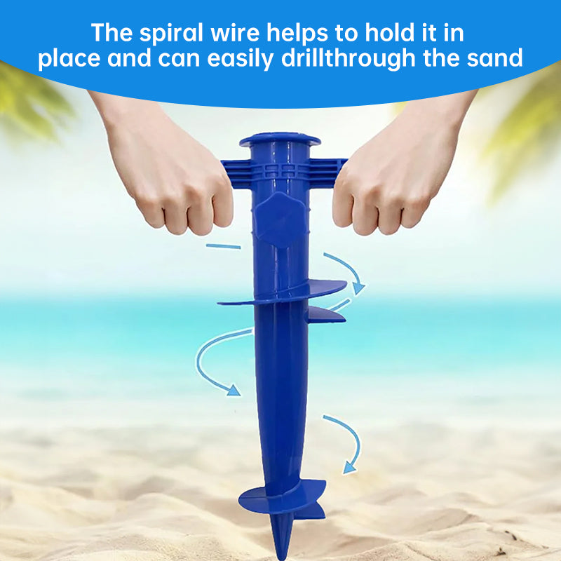 Plastic adjustable umbrella base with anchor bracket and spiral tool, suitable for sun, beach, terrace, and ground fixing.