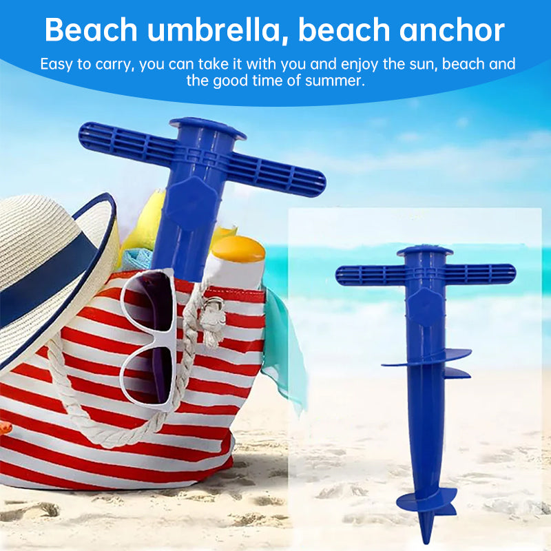 Plastic adjustable umbrella base with anchor bracket, spiral tool, and tip part for sun, beach, terrace, and ground fixing.