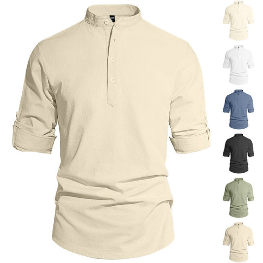 Men's lightweight cotton linen Henley shirt with long sleeves, solid color, button-down collar by eprolo, casual and breathable.