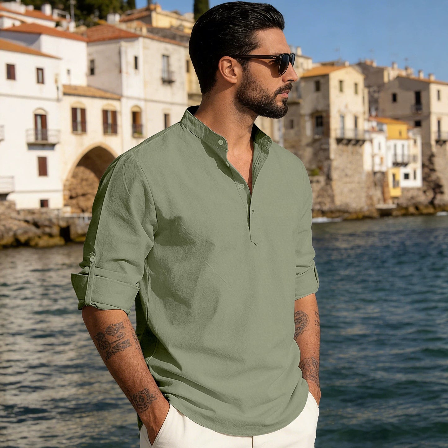 Men's cotton linen Henley collar shirt by eprolo, solid color, lightweight long sleeve button-down shirt with a relaxed fit.