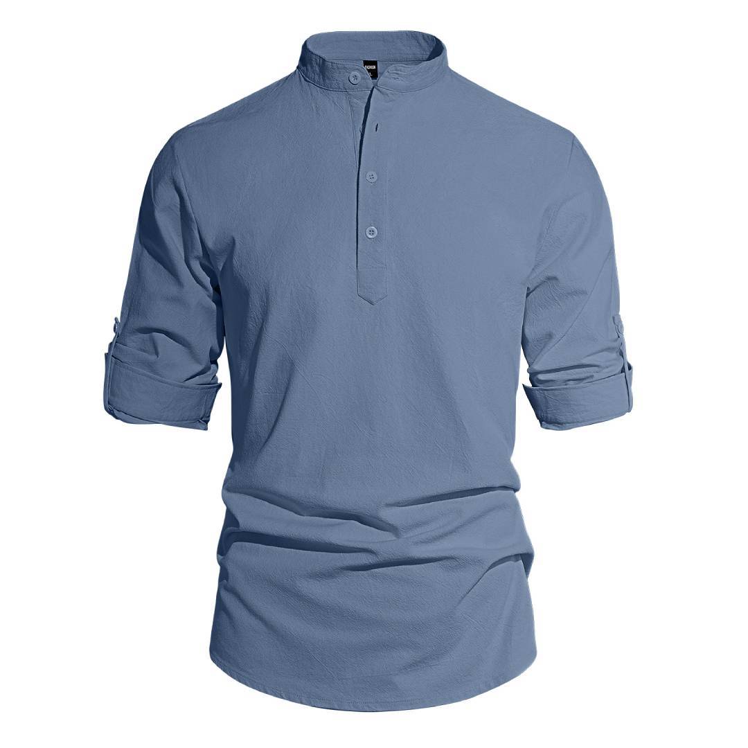 Men's lightweight cotton linen Henley shirt with long sleeves, solid color, button-down collar, by eprolo