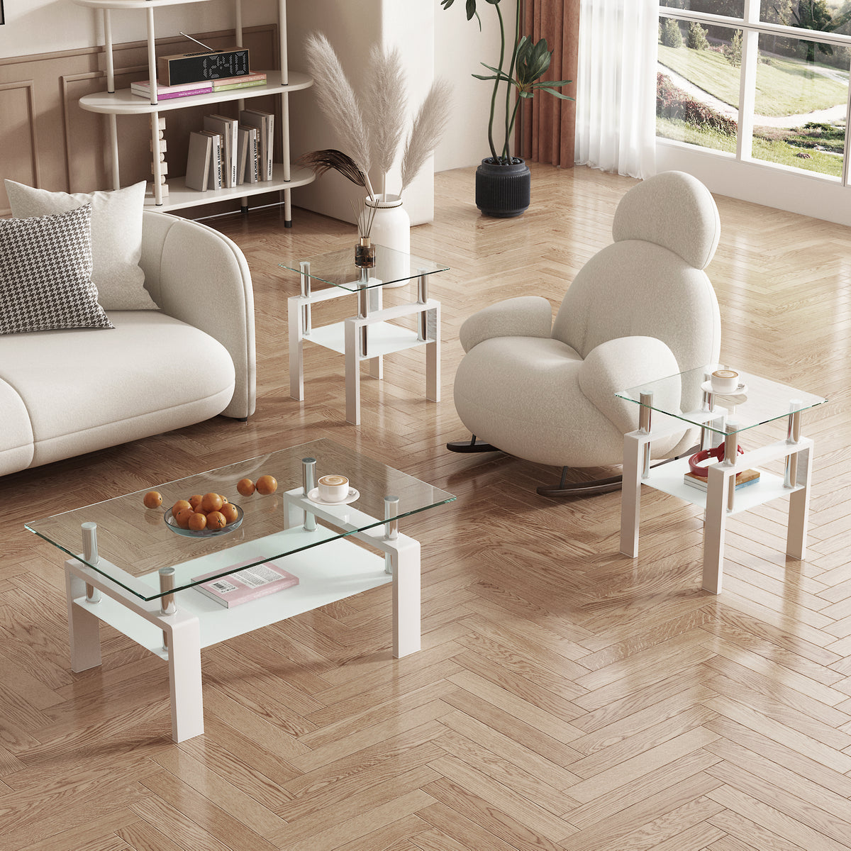 Set of 2 modern tempered glass square coffee and end tables in transparent and white, ideal for living room decor.
