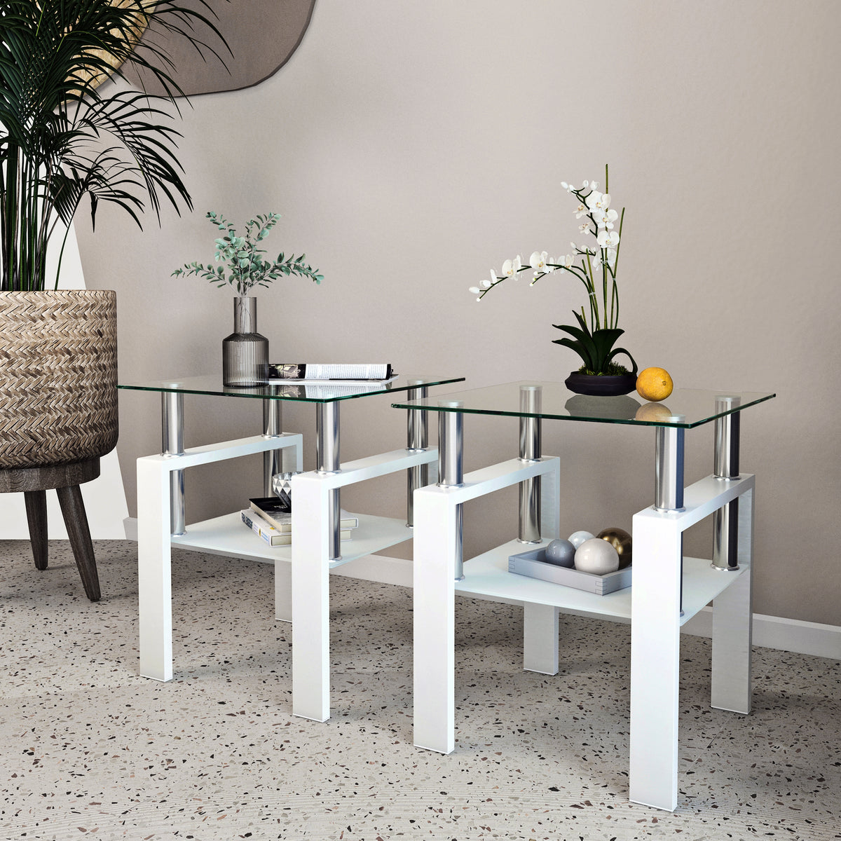 Set of 2 modern tempered glass tea tables with square design, transparent and white finishes, perfect for living room decor.