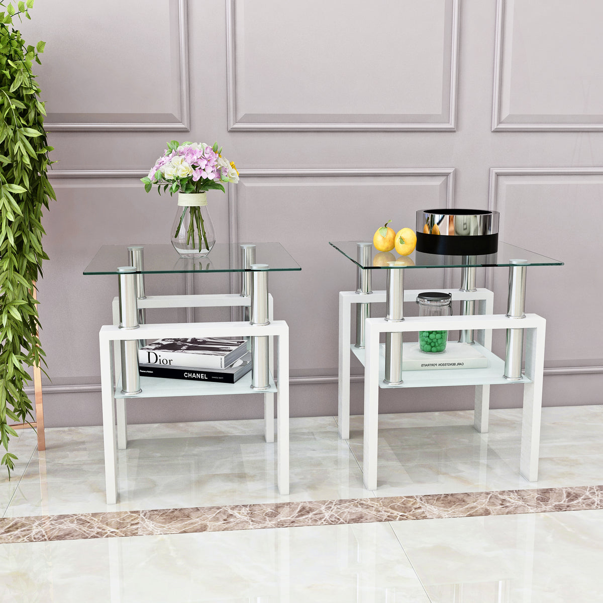 Set of 2 modern tempered glass tea and coffee tables with square transparent and white finishes for living room use.