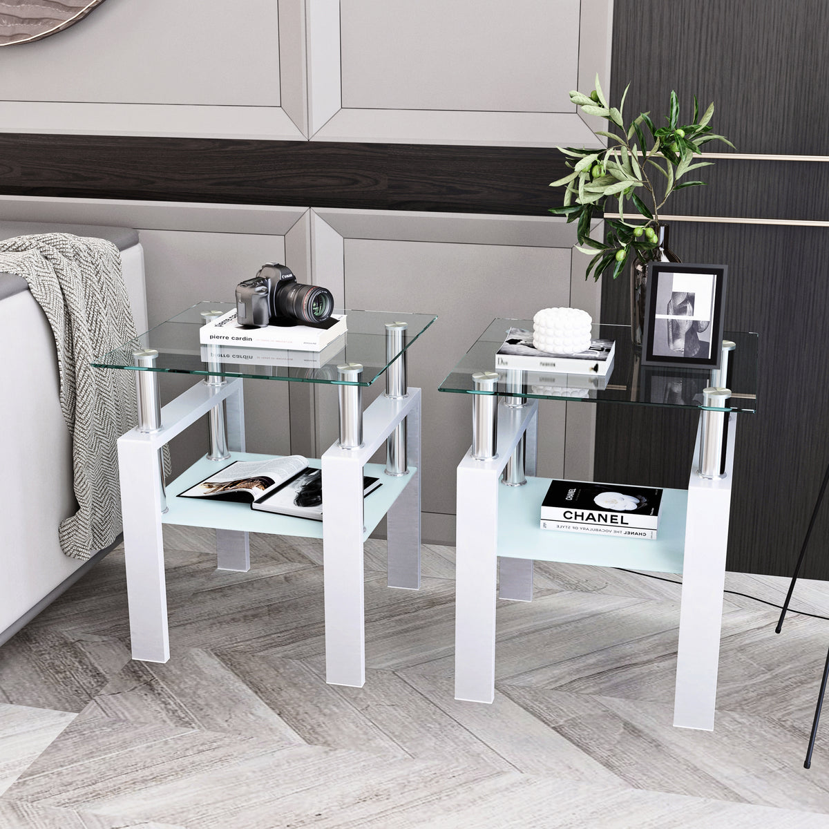 Set of 2 modern tempered glass square coffee and end tables in transparent and white for living room decor.