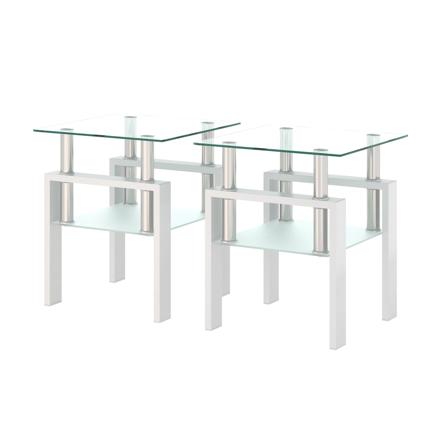 Set of 2 modern tempered glass coffee and end tables with white square design, transparent glass surfaces for living room decor